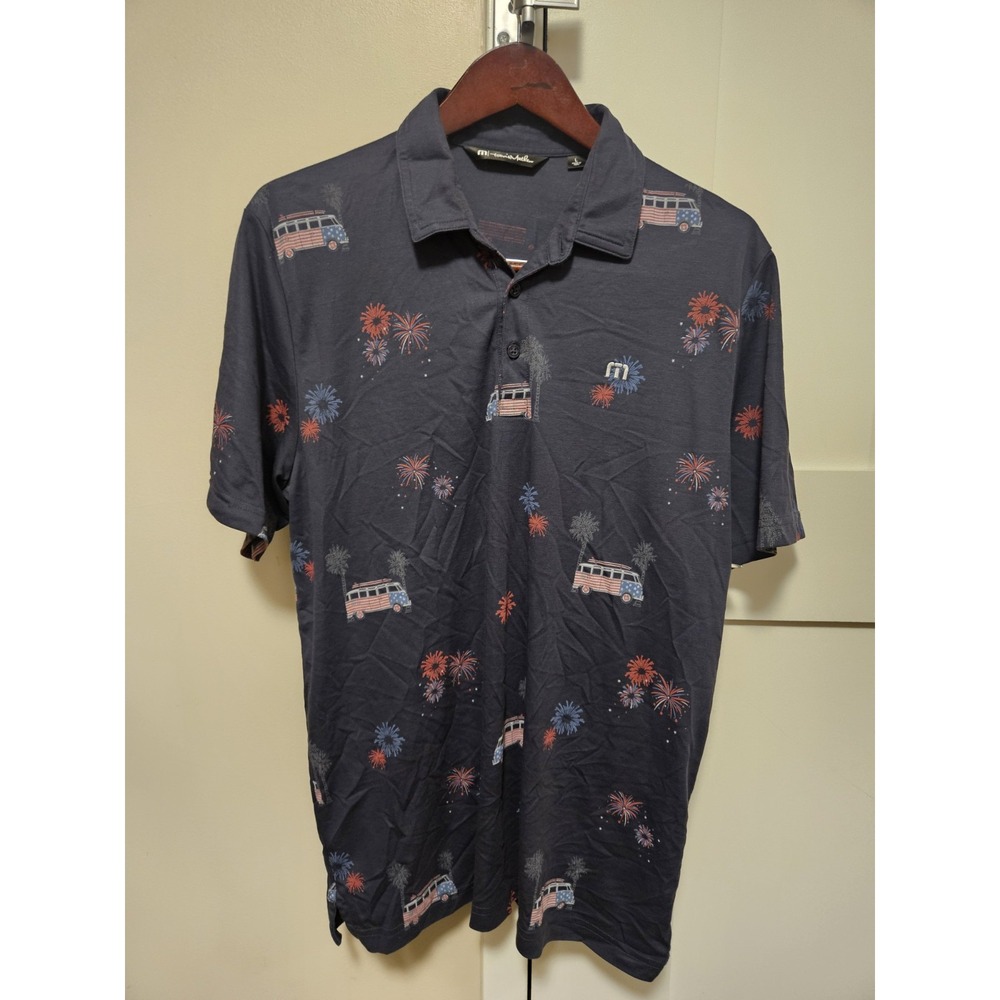 TravisMathew Polo Shirt Mens L Navy American Flag Van Fireworks Golf Patriotic